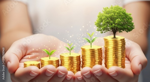 Hands nurturing growing money tree from golden coins