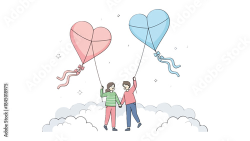 Heartfelt Flight: A couple of young persons, hand in hand, launch two heart-shaped kites towards a sky, the kites symbolizing dreams of love and joy, painted with pastel colors.