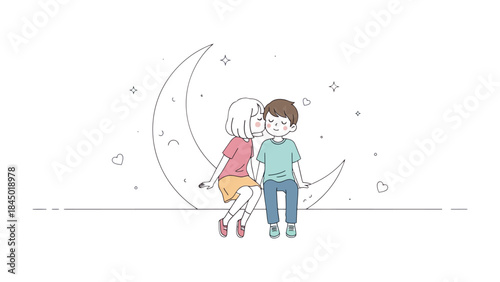 Whimsical Moonlit Embrace: A tender moment unfolds as two figures, enveloped in a dreamy embrace on a crescent moon, as a testament to the magic of affection and intimacy.