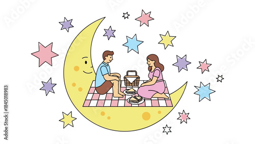 Celestial Picnic: A tender moment unfolds as a couple shares a delightful picnic beneath a crescent moon and twinkling stars, evoking feelings of serenity and romanticism.
