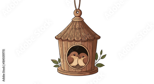 Two adorable brown birds cuddle affectionately inside a beautifully carved wooden birdhouse on a crisp white background.