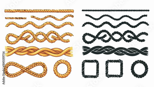 Collection of Detailed Nautical Rope Elements, Braided Borders, Knotted Frames, and Wavy Lines Vector Set
