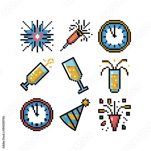 Vector set of clock icons and watch symbols for time illustration, web design element, and business sign Retro 8-bit style