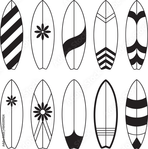 Black and white surfboard with stripes and flowers surfboards patterns