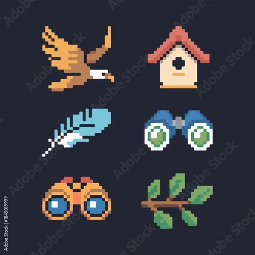 vintage vector  illustration of a flying Eagle of peace with a Telescope and wings Pixel icons retro 8-bit style