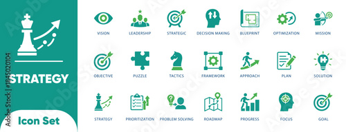 Business strategy vectors. Features chess, target, puzzle, and roadmap symbols. Ideal for pitch decks, management consulting, and planning.