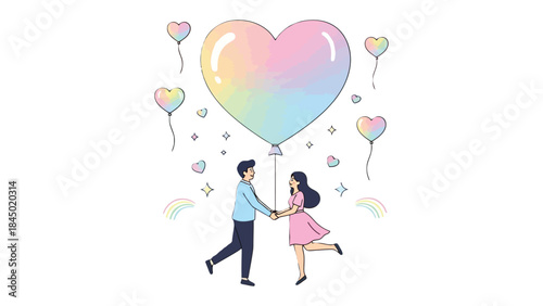 Enchanted Hearts: A couple, hand in hand, floats towards the sky attached to heart-shaped balloons, symbolizing love and dreams against a backdrop of twinkling stars and a rainbow.
