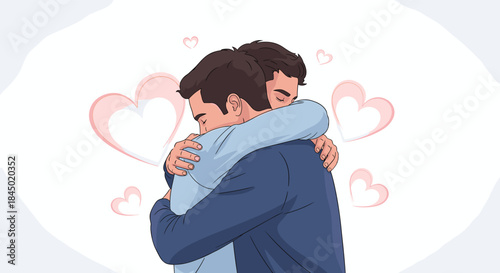 Two men sharing a tender and emotional hug, surrounded by floating pink hearts, symbolizing love and deep connection.