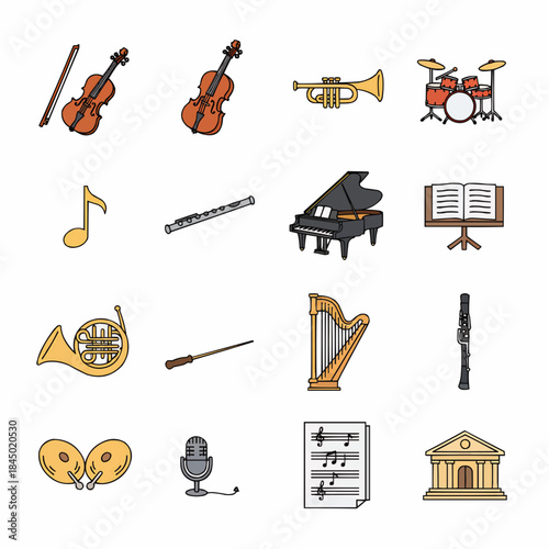 Collection of Outlined Cartoon Musical Instruments Icons