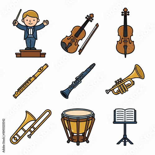 Cartoon Conductor and Classical Orchestra Instruments Set