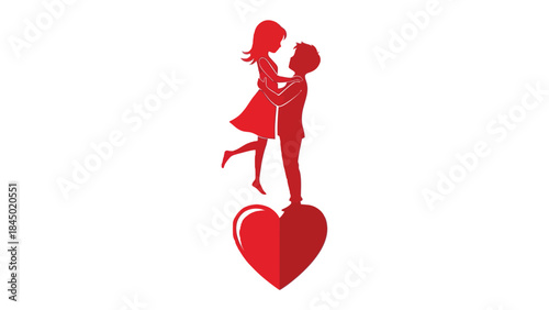 Love's Embrace: A silhouette captures a moment of love, with a couple embracing tenderly atop a vibrant heart. 
