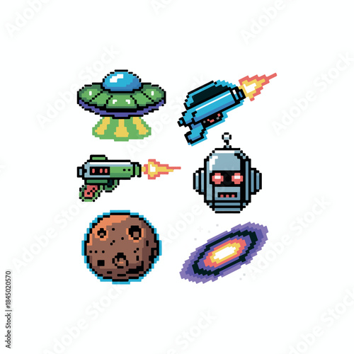 A set of transport icons with Space travel icon illustration Retro 8-bit style