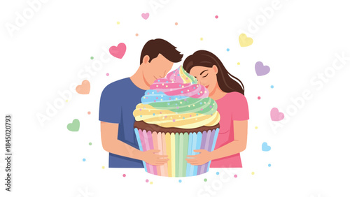 Love's Sweet Embrace: A tender couple shares a sweet moment of connection, gently embracing an enormous, vibrantly decorated cupcake.