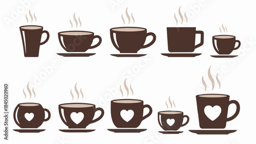 Vector collection of various coffee cups and mugs set with heart design, isolated graphic