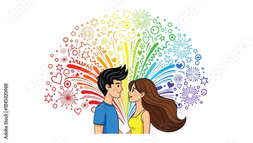 Enchanting Affection: An illustration captures a tender moment, where a young couple gazes into each other's eyes, their connection interwoven with vibrant rainbow colors and festive design elements.