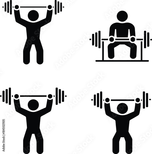 A set of simple black icons depicting various weightlifting and strength training exercises