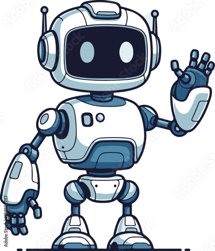 Sleek vector illustration of a futuristic robot featuring metallic body, glowing eyes, antennas, and mechanical joints in flat contemporary style. Scalable graphic ideal for technology presentations