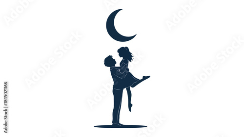 Eternal Dance Under the Moon: A silhouette of a man holding up a woman in a graceful embrace beneath a crescent moon, this image speaks of romanticism, love and intimate moments. 
