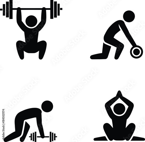 A collection of four black and white icons representing diverse exercise activities
