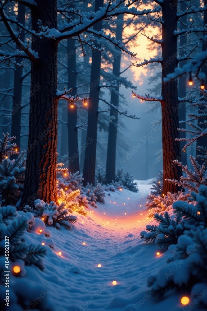 Naklejka premium Enchanted Christmas forest; glowing trees, soft light, photo, sparkle, ambiance