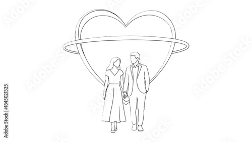 Wedding couple of Love: A sketch captures the tender moment of a wedding, with a couple holding hands, a testament to love's gentle embrace. and in front of background with love shape