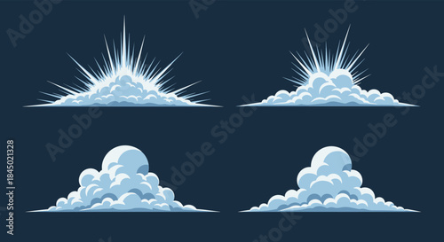 Set of four pixel art clouds, two with sunbeams bursting from behind and two fluffy cumulus clouds on a dark background.