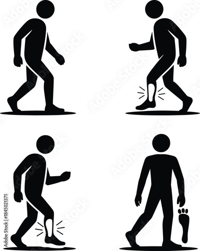 Pictograms illustrating walking difficulties, foot problems, and ankle injuries
