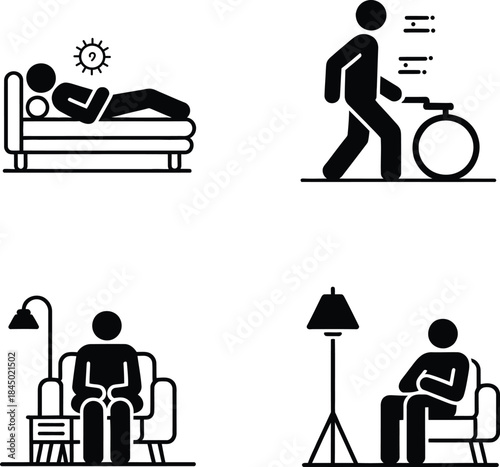 Four different icons representing human daily activities and physical states