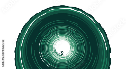 Surfer riding a wave inside a green tunnel, dynamic motion, extreme sports, adventure, ocean lifestyle