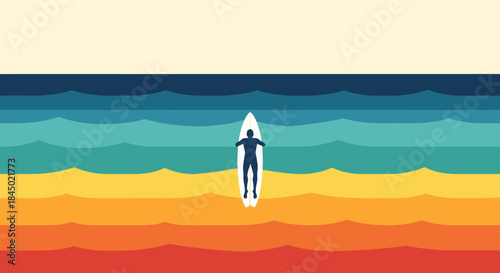 Surfer floating on surfboard on colorful ocean waves, minimalist retro style, top view