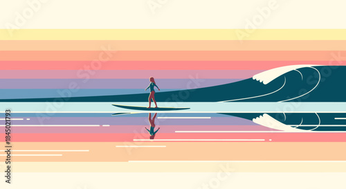 Surfer riding a wave during a colorful sunset with calm water reflection
