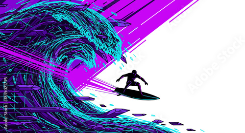 Surfer silhouette riding a massive, stylized wave with purple and teal abstract digital art elements