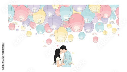Couple Under Sky Lanterns: A tender moment unfolds as a couple embraces beneath a vibrant display of floating sky lanterns, embodying hope, love, and dreams.