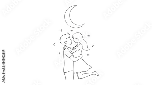 Under the Moonlight: Two figures embrace, their silhouettes forming a moment of intimacy under the soft glow of a crescent moon, enveloped by a constellation of hearts.