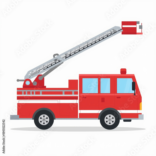 Red fire truck with extended ladder and water cannon