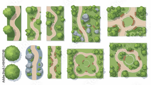 Set of Park Map Top View Vector Illustrations for Game Design or Landscape Planning isolated on white