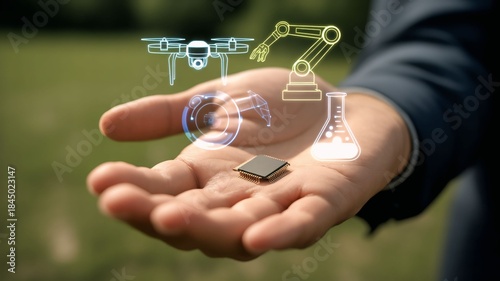 Future Technology Concept with Holographic Drone, Robotics and Microchip in Human Hand