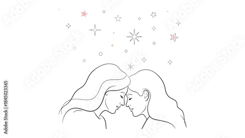 Bound by Affection: In a tender moment, two figures find solace in each other's presence, their connection symbolized by delicate celestial touches.