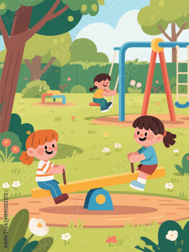 Three children playing on a seesaw and swing in a sunny park. A joyful moment of outdoor fun and childhood bonding.
