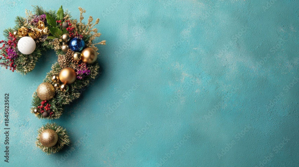 Fototapeta premium Holiday decorations arranged in a question mark shape on a blue surface