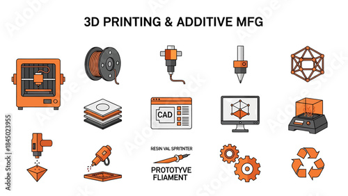 Collection of orange and black icons related to 3D printing and additive manufacturing