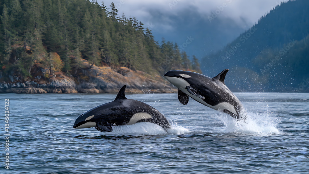 Fototapeta premium Two Orca Whales Jumping in Ocean with Mountains and Forest