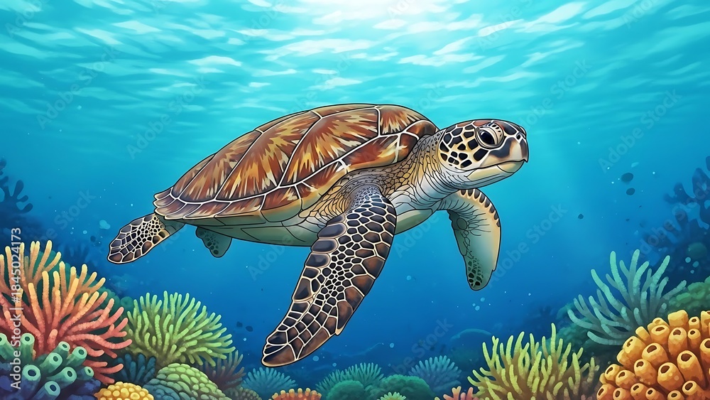 Obraz premium Graceful sea turtle navigates through a vibrant underwater coral reef, showcasing the beauty and biodiversity of a tropical ocean ecosystem illustration