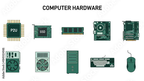 Illustration of ten distinct computer hardware components displayed in two rows
