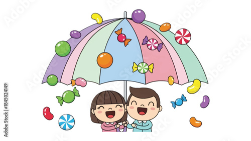 A Sweet Escape: Under a vibrant, candy-covered umbrella, two young individuals share a moment of sweet joy, with sugary treats raining down around them.