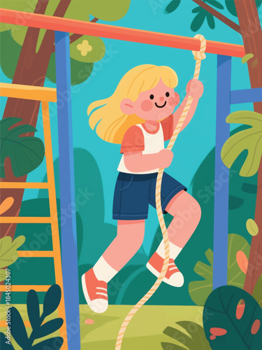 Smiling child climbing a rope on a colorful playground surrounded by trees. A cheerful moment of outdoor activity and fun.