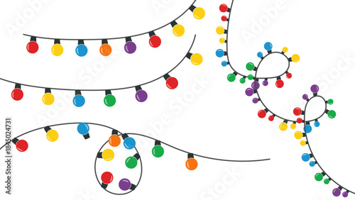 Christmas decoration string lights set for festive border decor on transparent background