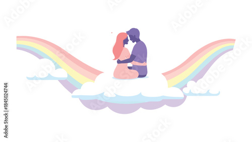 Love's Rainbow Embrace: A tender moment of togetherness unfolds atop a cloud amidst a vibrant rainbow, symbolizing the beauty of connection and shared dreams.
