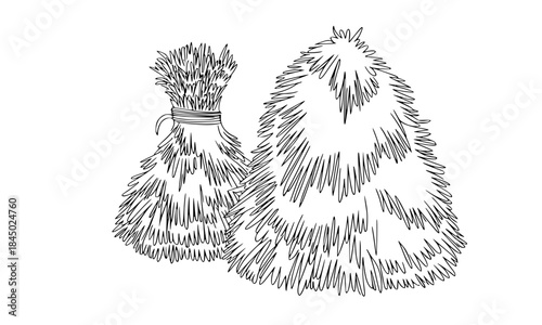 Hand Drawn Hay or Straw Piles Sketch Illustration, Black and White Ink Drawing of Rustic Farm Fodder Bales and Mounds, Symbolizing Agriculture Harvest and Rural Farm Life