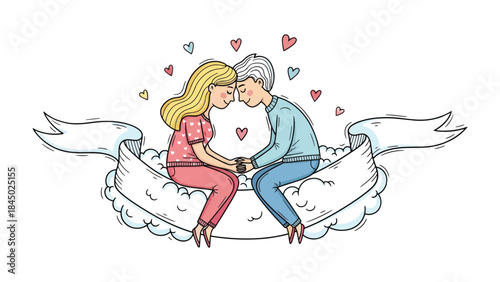 Affectionate Embrace: An illustration of two individuals, intimately connected, sharing a moment of tender closeness. Surrounded by hearts and set against a backdrop of a banner and clouds.